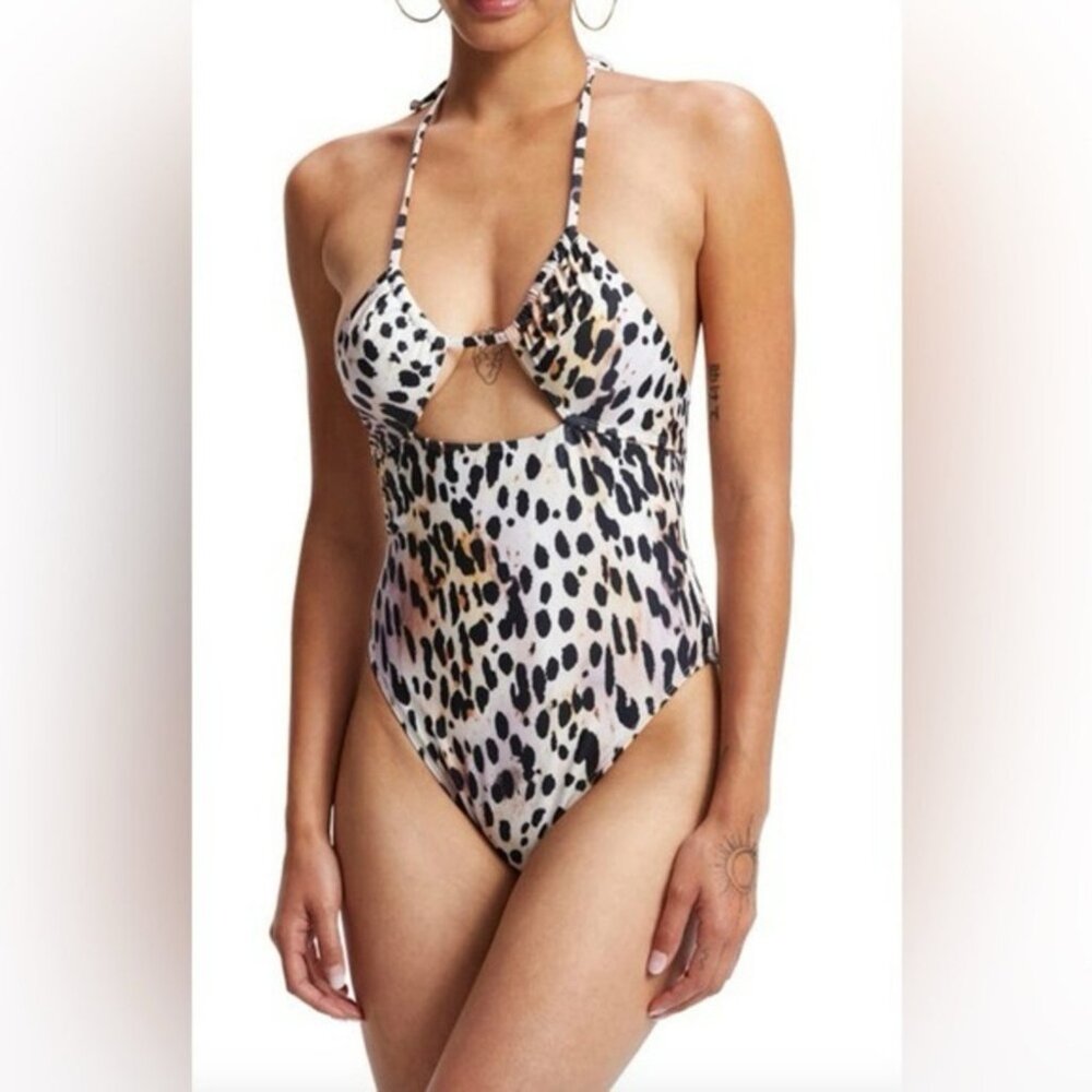 Good American Ruched Halter Rose Cheetah One-Piece Swimsuit Size 8 (M/L) NWT